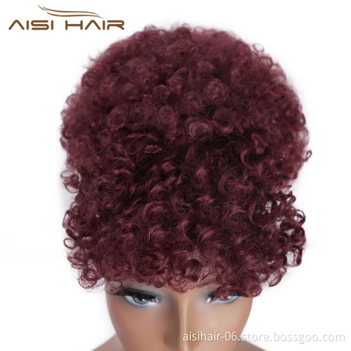 Aisi Hair New Design Kinky Curly Puff Red Color Hair Bun With Bangs Afro Short Curly Synthetic Hair Extension For Black Women